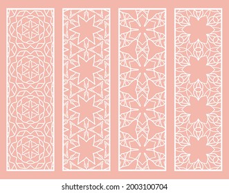 Decorative geometric line borders with repeating texture. Tribal ethnic arabic, indian, turkish ornament, bookmarks templates set. Isolated design elements. Stylized lace patterns collection