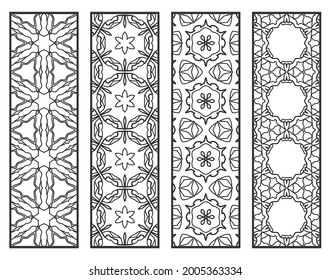 Decorative geometric line borders with repeating texture. Tribal ethnic arabic, indian, turkish ornament, bookmarks templates set. Isolated design elements. Stylized lace patterns collection
