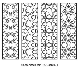 Decorative geometric line borders with repeating texture. Tribal ethnic arabic, indian, turkish ornament, bookmarks templates set. Isolated design elements. Stylized lace patterns collection