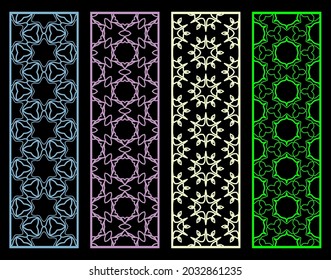 Decorative geometric line borders with repeating texture. Tribal ethnic arabic, indian, turkish ornament, bookmarks templates set. Isolated design elements. Stylized lace patterns collection