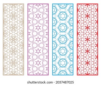 Decorative geometric line borders with repeating texture. Tribal ethnic arabic, indian, turkish ornament, bookmarks templates set. Isolated design elements. Stylized lace patterns collection