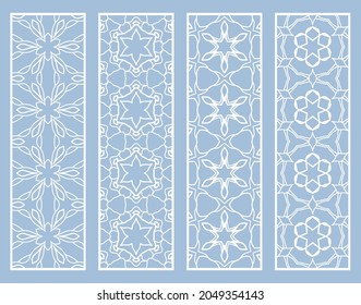 Decorative geometric line borders with repeating texture. Tribal ethnic arabic, indian, turkish ornament, bookmarks templates set. Isolated design elements. Stylized lace patterns collection