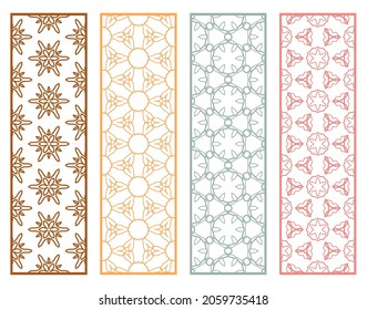 Decorative geometric line borders with repeating texture. Tribal ethnic arabic, indian, turkish ornament, bookmarks templates set. Isolated design elements. Stylized lace patterns collection