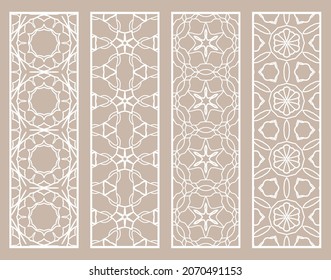 Decorative geometric line borders with repeating texture. Tribal ethnic arabic, indian, turkish ornament, bookmarks templates set. Isolated design elements. Stylized lace patterns collection