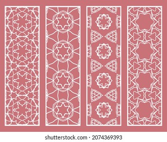 Decorative geometric line borders with repeating texture. Tribal ethnic arabic, indian, turkish ornament, bookmarks templates set. Isolated design elements. Stylized lace patterns collection
