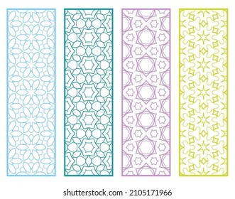 Decorative geometric line borders with repeating texture. Tribal ethnic arabic, indian, turkish ornament, bookmarks templates set. Isolated design elements. Stylized lace patterns collection