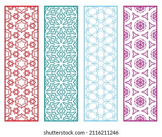 Decorative geometric line borders with repeating texture. Tribal ethnic arabic, indian, turkish ornament, bookmarks templates set. Isolated design elements. Stylized lace patterns collection