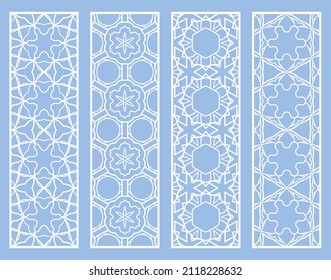 Decorative geometric line borders with repeating texture. Tribal ethnic arabic, indian, turkish ornament, bookmarks templates set. Isolated design elements. Stylized lace patterns collection