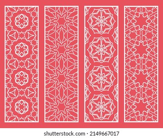 Decorative geometric line borders with repeating texture. Tribal ethnic arabic, indian, turkish ornament, bookmarks templates set. Isolated design elements. Stylized lace patterns collection