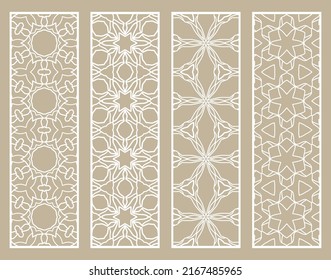 Decorative geometric line borders with repeating texture. Tribal ethnic arabic, indian, turkish ornament, bookmarks templates set. Isolated design elements. Stylized lace patterns collection