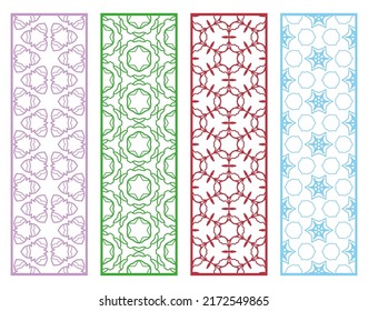 Decorative geometric line borders with repeating texture. Tribal ethnic arabic, indian, turkish ornament, bookmarks templates set. Isolated design elements. Stylized lace patterns collection