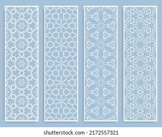 Decorative geometric line borders with repeating texture. Tribal ethnic arabic, indian, turkish ornament, bookmarks templates set. Isolated design elements. Stylized lace patterns collection