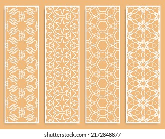 Decorative geometric line borders with repeating texture. Tribal ethnic arabic, indian, turkish ornament, bookmarks templates set. Isolated design elements. Stylized lace patterns collection