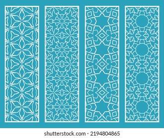 Decorative geometric line borders with repeating texture. Tribal ethnic arabic, indian, turkish ornament, bookmarks templates set. Isolated design elements. Stylized lace patterns collection