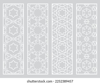Decorative geometric line borders with repeating texture. Tribal ethnic arabic, indian, turkish ornament, bookmarks templates set. Isolated design elements. Stylized lace patterns collection
