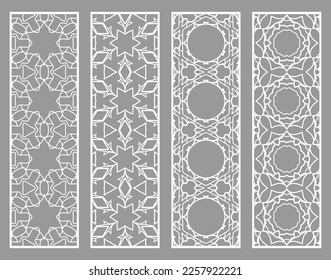 Decorative geometric line borders with repeating texture. Tribal ethnic arabic, indian, turkish ornament, bookmarks templates set. Isolated design elements. Stylized lace patterns collection