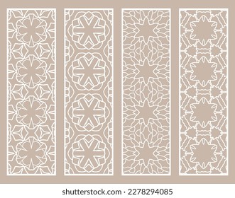 Decorative geometric line borders with repeating texture. Tribal ethnic arabic, indian, turkish ornament, bookmarks templates set. Isolated design elements. Stylized lace patterns collection