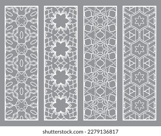 Decorative geometric line borders with repeating texture. Tribal ethnic arabic, indian, turkish ornament, bookmarks templates set. Isolated design elements. Stylized lace patterns collection