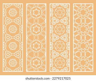 Decorative geometric line borders with repeating texture. Tribal ethnic arabic, indian, turkish ornament, bookmarks templates set. Isolated design elements. Stylized lace patterns collection