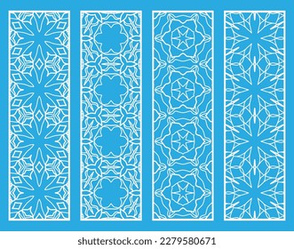 Decorative geometric line borders with repeating texture. Tribal ethnic arabic, indian, turkish ornament, bookmarks templates set. Isolated design elements. Stylized lace patterns collection