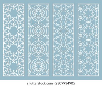 Decorative geometric line borders with repeating texture. Tribal ethnic arabic, indian, turkish ornament, bookmarks templates set. Isolated design elements. Stylized lace patterns collection