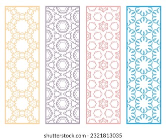 Decorative geometric line borders with repeating texture. Tribal ethnic arabic, indian, turkish ornament, bookmarks templates set. Isolated design elements. Stylized lace patterns collection