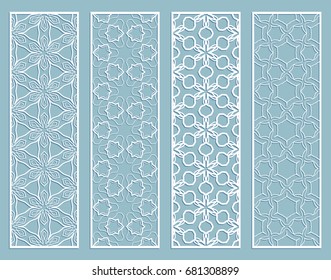 Decorative geometric line borders with repeating texture. Tribal ethnic arabic, indian, turkish ornament, bookmarks templates set. Isolated design elements. Stylized lace patterns collection