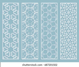 Decorative geometric line borders with repeating texture. Tribal ethnic arabic, indian, turkish ornament, bookmarks templates set. Isolated design elements. Stylized lace patterns collection