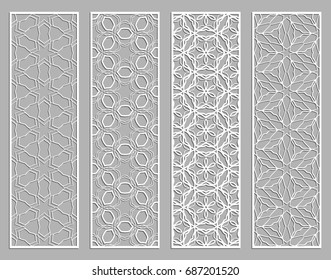 Decorative geometric line borders with repeating texture. Tribal ethnic arabic, indian, turkish ornament, bookmarks templates set. Isolated design elements. Stylized lace patterns collection