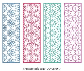 Decorative geometric line borders with repeating texture. Tribal ethnic arabic, indian, turkish ornament, bookmarks templates set. Isolated design elements. Stylized colorful lace patterns collection