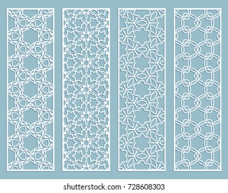 Decorative geometric line borders with repeating texture. Tribal ethnic arabic, indian, turkish ornament, bookmarks templates set. Isolated design elements. Stylized lace patterns collection