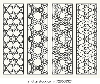 Decorative geometric line borders with repeating texture. Tribal ethnic arabic, indian, turkish ornament, bookmarks templates set. Isolated design elements. Stylized lace patterns collection