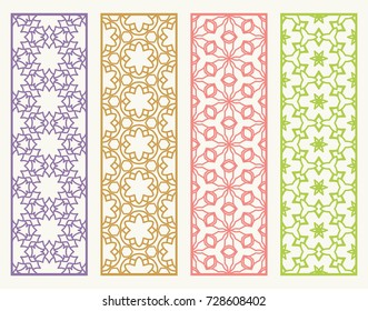 Decorative geometric line borders with repeating texture. Tribal ethnic arabic, indian, turkish ornament, bookmarks templates set. Isolated design elements. Stylized lace patterns collection