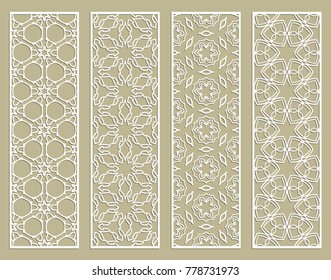Decorative geometric line borders with repeating texture. Tribal ethnic arabic, indian, turkish ornament, bookmarks templates set. Isolated design elements. Stylized lace patterns collection