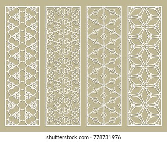 Decorative geometric line borders with repeating texture. Tribal ethnic arabic, indian, turkish ornament, bookmarks templates set. Isolated design elements. Stylized lace patterns collection