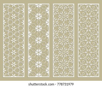 Decorative geometric line borders with repeating texture. Tribal ethnic arabic, indian, turkish ornament, bookmarks templates set. Isolated design elements. Stylized lace patterns collection