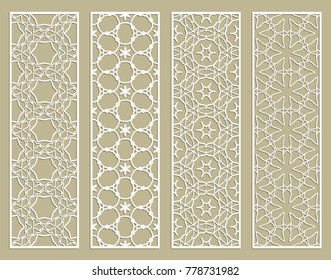 Decorative geometric line borders with repeating texture. Tribal ethnic arabic, indian, turkish ornament, bookmarks templates set. Isolated design elements. Stylized lace patterns collection