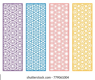 Decorative geometric line borders with repeating texture. Tribal ethnic arabic, indian, turkish ornament, bookmarks templates set. Isolated design elements. Stylized lace patterns collection