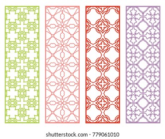 Decorative geometric line borders with repeating texture. Tribal ethnic arabic, indian, turkish ornament, bookmarks templates set. Isolated design elements. Stylized lace patterns collection