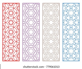 Decorative geometric line borders with repeating texture. Tribal ethnic arabic, indian, turkish ornament, bookmarks templates set. Isolated design elements. Stylized lace patterns collection