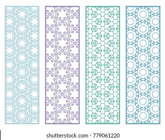 Decorative geometric line borders with repeating texture. Tribal ethnic arabic, indian, turkish ornament, bookmarks templates set. Isolated design elements. Stylized lace patterns collection