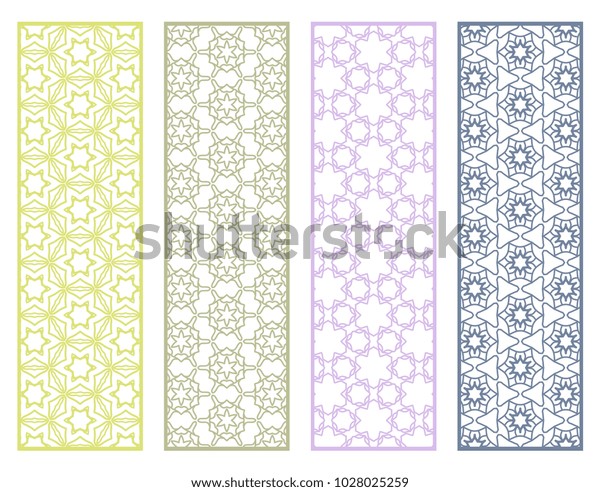 Decorative geometric line borders with\
repeating texture. Tribal ethnic arabic, indian, turkish ornament,\
bookmarks templates set. Isolated colorful design elements.\
Stylized lace patterns\
collection