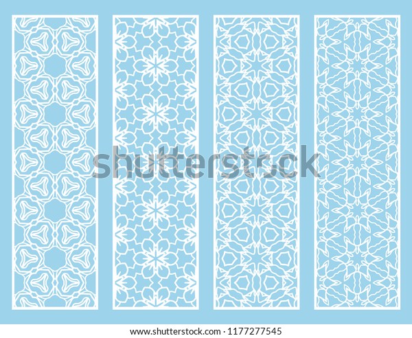 Decorative geometric line borders with\
repeating texture. Tribal ethnic arabic, indian, turkish ornament,\
bookmarks templates set. Isolated design elements. Stylized lace\
patterns collection