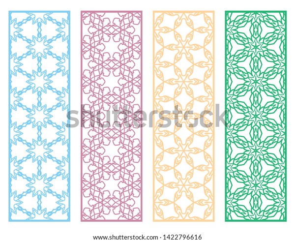 Decorative geometric line borders with\
repeating texture. Tribal ethnic arabic, indian, turkish ornament,\
bookmarks templates set. Isolated design elements. Stylized\
colorful lace patterns\
collection