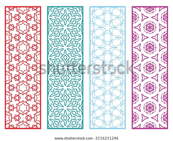 Decorative geometric line borders with\
repeating texture. Tribal ethnic arabic, indian, turkish ornament,\
bookmarks templates set. Isolated design elements. Stylized lace\
patterns collection
