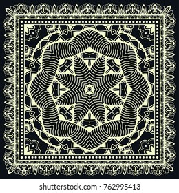 Decorative geometric line ornament on a black background, symmetric pattern with doodle lace frame. Tribal ethnic mandala decor. Bandanna shawl, tablecloth fabric print, silk neck scarf, kerchief desi