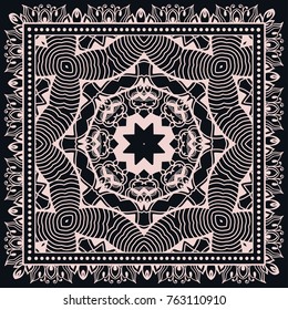 Decorative geometric line ornament on a black background, symmetric pattern with doodle lace frame. Tribal ethnic mandala decor. Bandanna shawl, tablecloth fabric print, silk neck scarf, kerchief desi