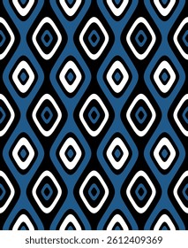 Decorative geometric motif with blue, black, and white concentric rhombuses arranged in vertical lines. Modern ethnic style. Seamless repeating pattern. Abstract vector illustration.