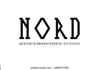 Decorative geometric narrow slab serif font. Letters and numbers for logo and emblem design. Black print on white background