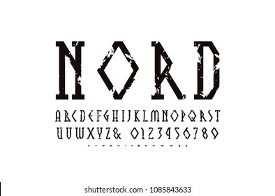 Decorative geometric narrow slab serif font. Letters and numbers with rough texture for logo and emblem design. Black print on white background